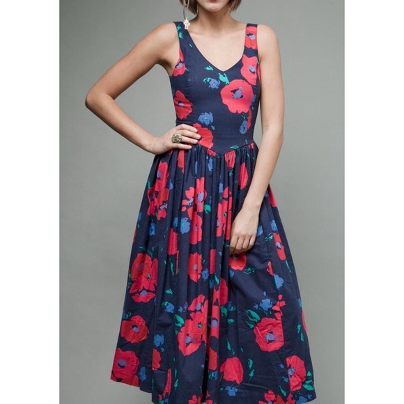 Vtg Laura Ashley Midi Dress Blue Pink Floral Cotton UK 10